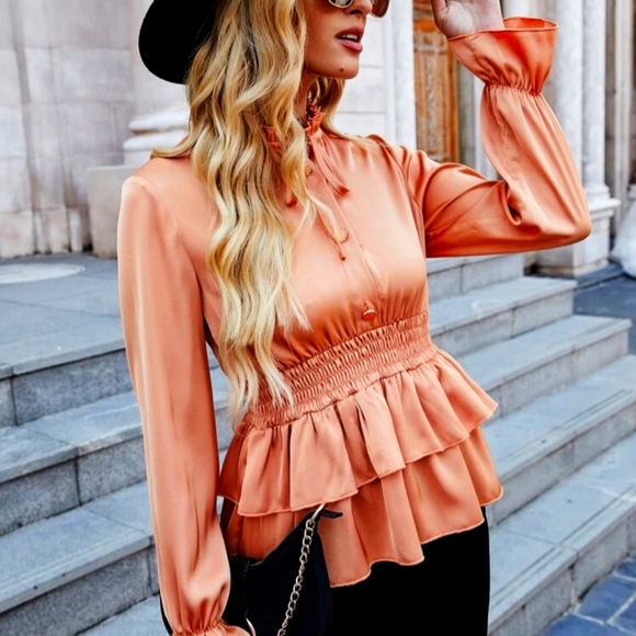 Brand New Ruffle Satin Peplum Top - Picture 2 of 9